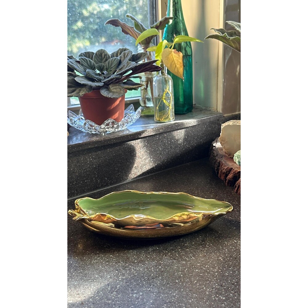 Vintage Leaf Dish Green & Gold | Botanical Trinket Tray | Cottagecore Jewelry Ho